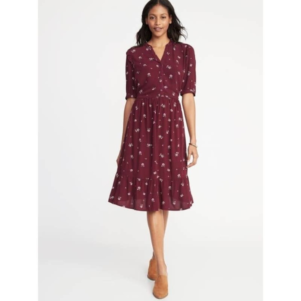 Old Navy NWT Floral Waist Defined V-Neck A-Line Ruffle Shirt Dress Red Sz Medium